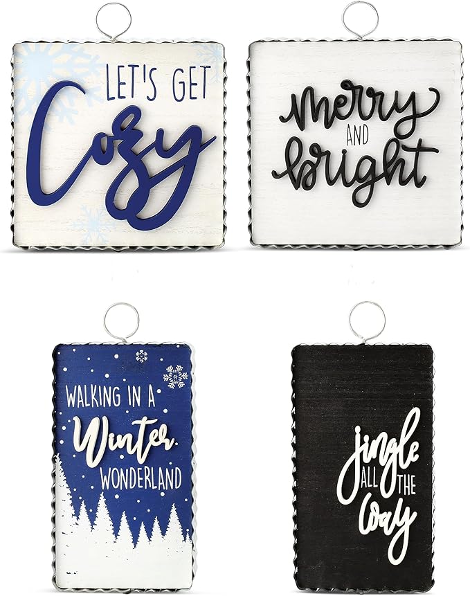 AuldHome Design Reversible Christmas/Winter Sign Set (2-Piece Set w/ 4 Designs); Holiday and Seasonal Block Signs w/ Rustic Farmhouse Galvanized Frames
