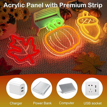 Cute Thanksgiving Harvest Neon Sign Acorn Maple Leaf Pumpkin LED Wall Lights Indoor Thanksgiving Neon Light USB Charged Fall Decor Ideas for Teen Room Men Cave in Fall Fest Party