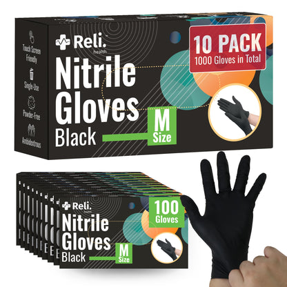 Reli. Black Nitrile Gloves, Medium | Disposable Gloves (1000 Pack, Bulk) | Powder Free, Latex Free, Food Safe | Single-Use | Premium Nitrile Rubber Material for Automotive Work, Cleaning, Cooking