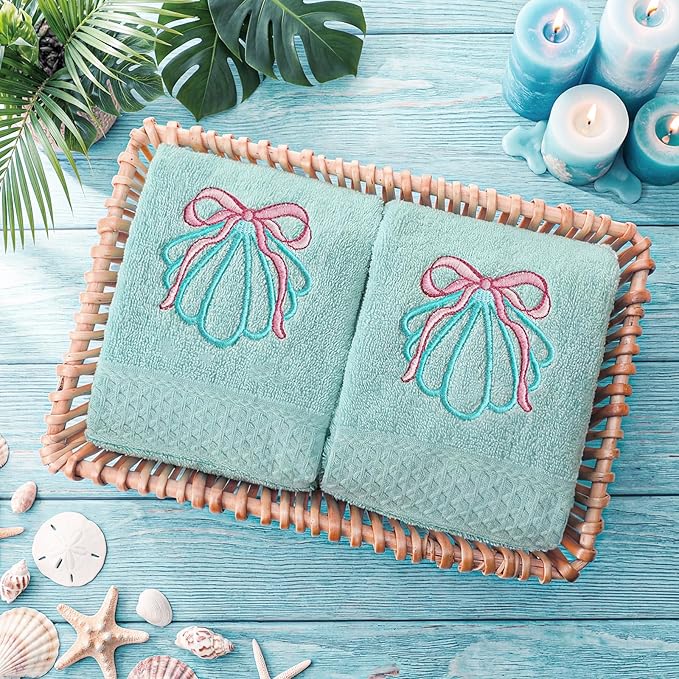 2 Pcs Shell Hand Towels Mint Blue Bathroom Decor 14x29 Inch Embroidered 100%