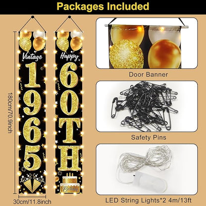 60th Birthday Party Banner Lighted Decorations for Men Women - Black Gold 1965 Birthday Decorations Door Banners with LED Light, Sixty Years Birthday Party Supplies for Indoor Outdoor Decor