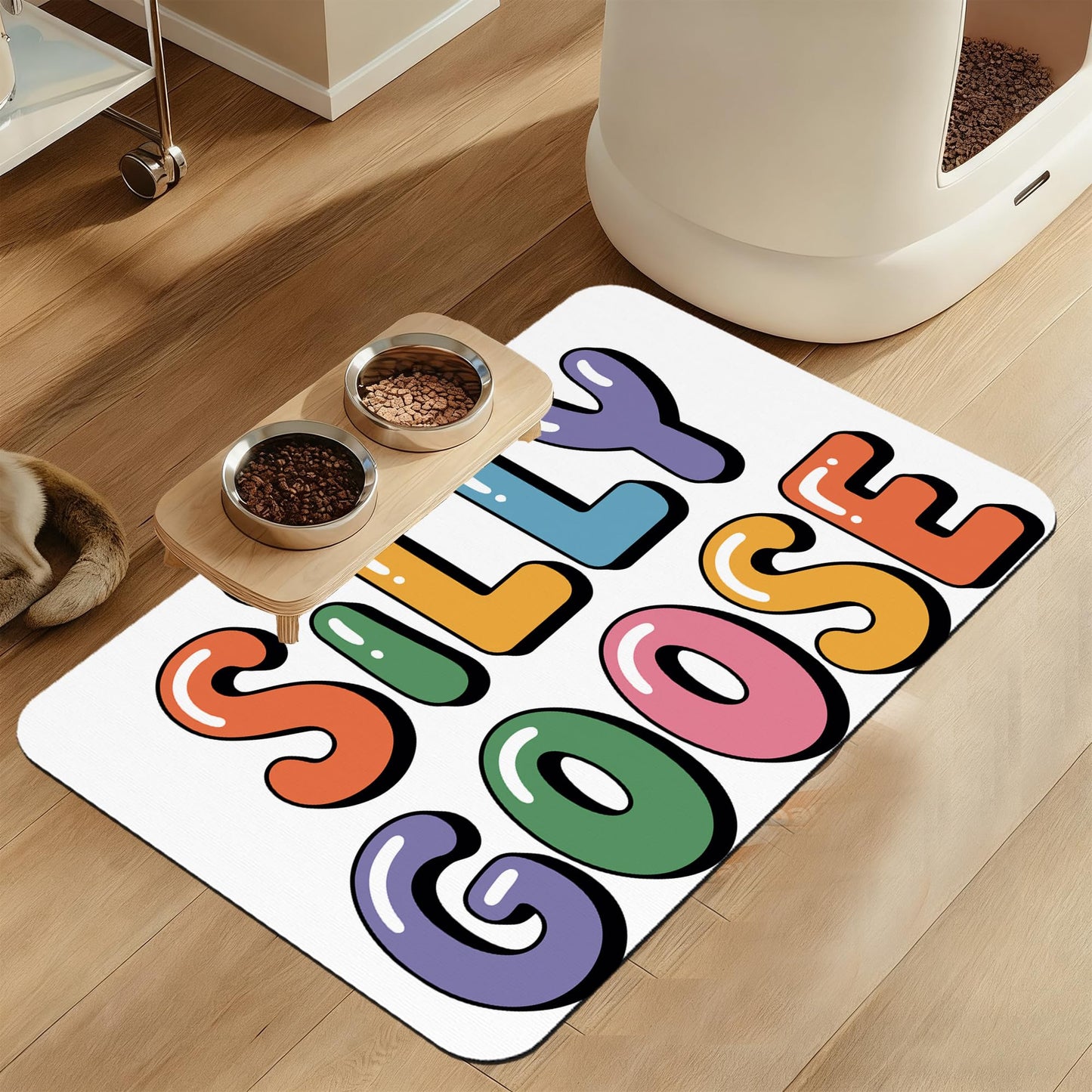 Silly Goose Pet Food Mat for Cats and Dogs–Absorbent Quick Dry Feeding Placemat, Non Slip Rubber Base, Waterproof Bowl Mat for Indoor Use, Pet Supplies 16"x24"