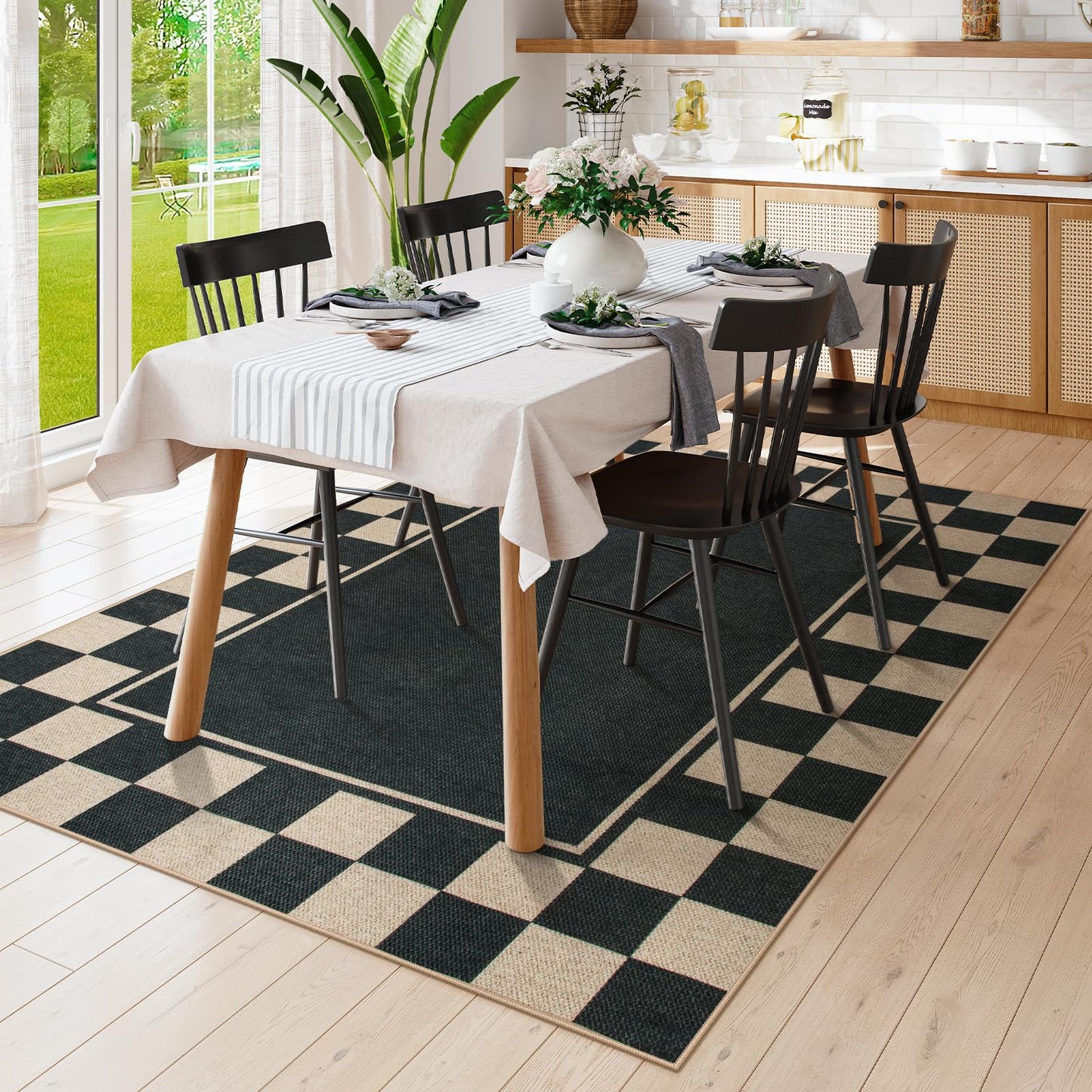 Moynesa Checkered Easy Jute 5x7 Area Rugs for Living Room, Washable Outdoor Patio Rug for Backyard Porches Non Slip, Black Farmhouse Carpet for Dining Room Balcony