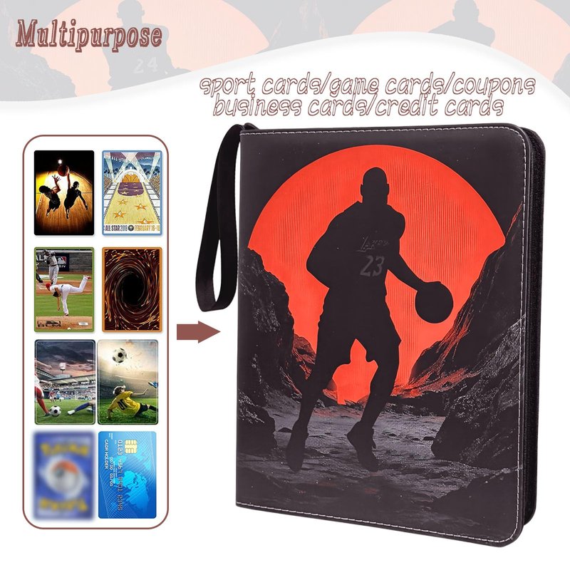 Basketball Card Binder - 900 Capacity 9-Pocket Trading Card Album, 3 Ring Card Holder Binder, Waterproof PU Leather, Zip Closure, Perfect Christmas Birthday Gift for Collectors