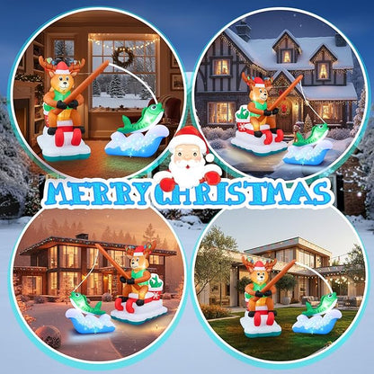 14 ft Long Christmas Inflatable Fishing Santa Claus, Santa Claus Inflatable Courtyard Outdoor Decoration with Built-in Rotating Blue LED Lights for Christmas Party Garden Lawn Decoration