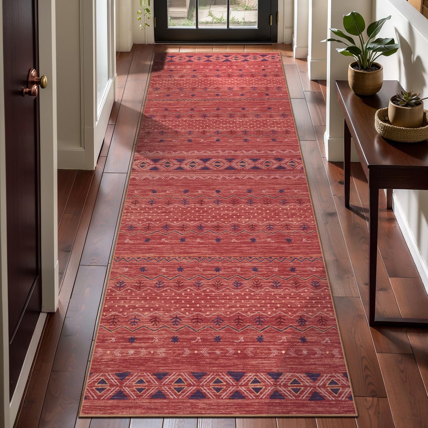 SERISSA 2x5 Kitchen Runner Rug, Washable Non-Slip Red Ochre Boho Rug, Soft Low-Pile Geometric Indoor Carpet for Hallway Laundry Room Bathroom Bedroom Entryway