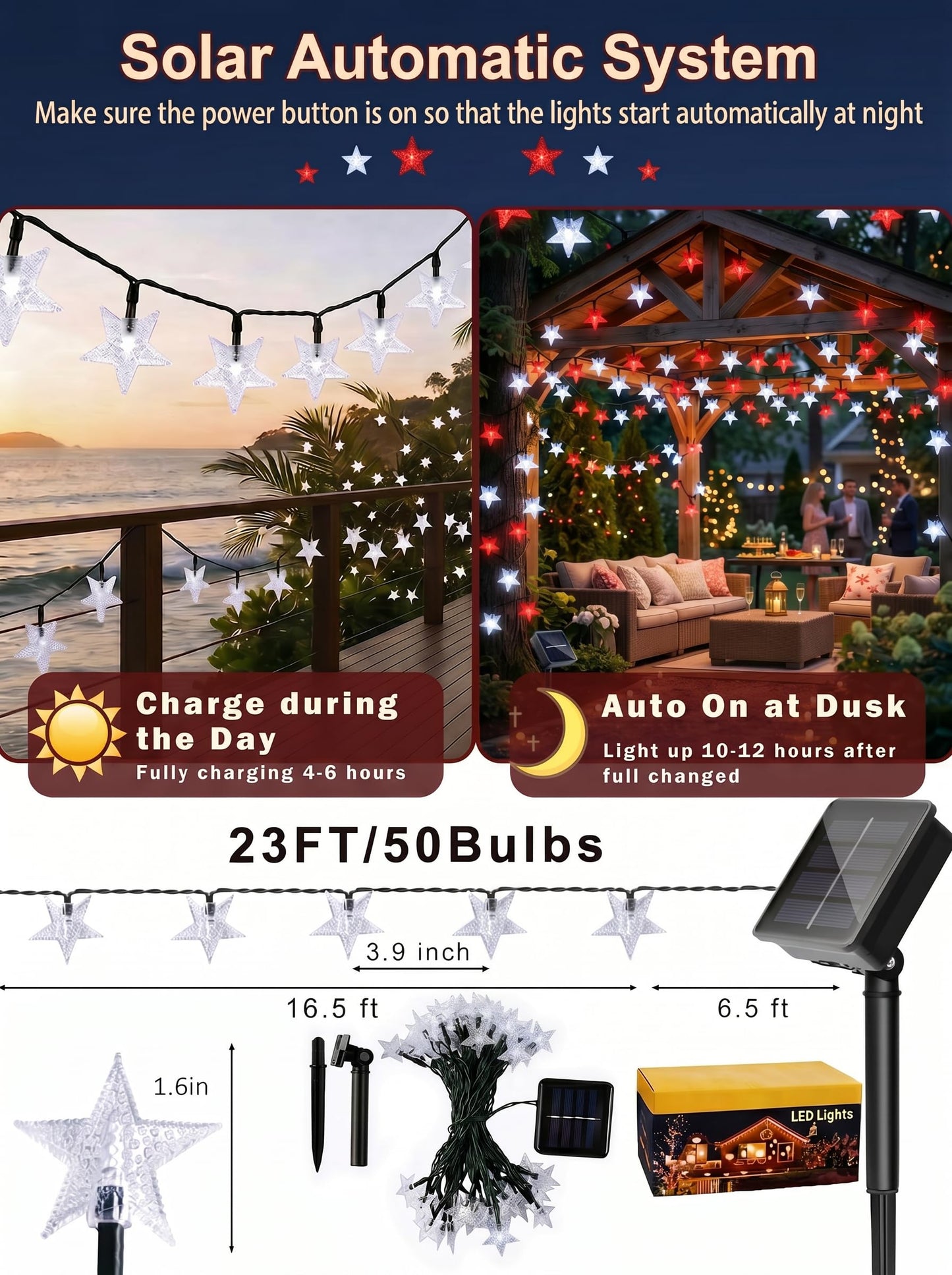 Serpouliom Christmas Stars String Lights Solar Star Twinkle Lights 23FT 50LED 8 Modes Solar Powered Fairy Decorative Light Waterproof Lights for Gardens Lawn Patio Party Decor(Red&White, 1 Pack Star)