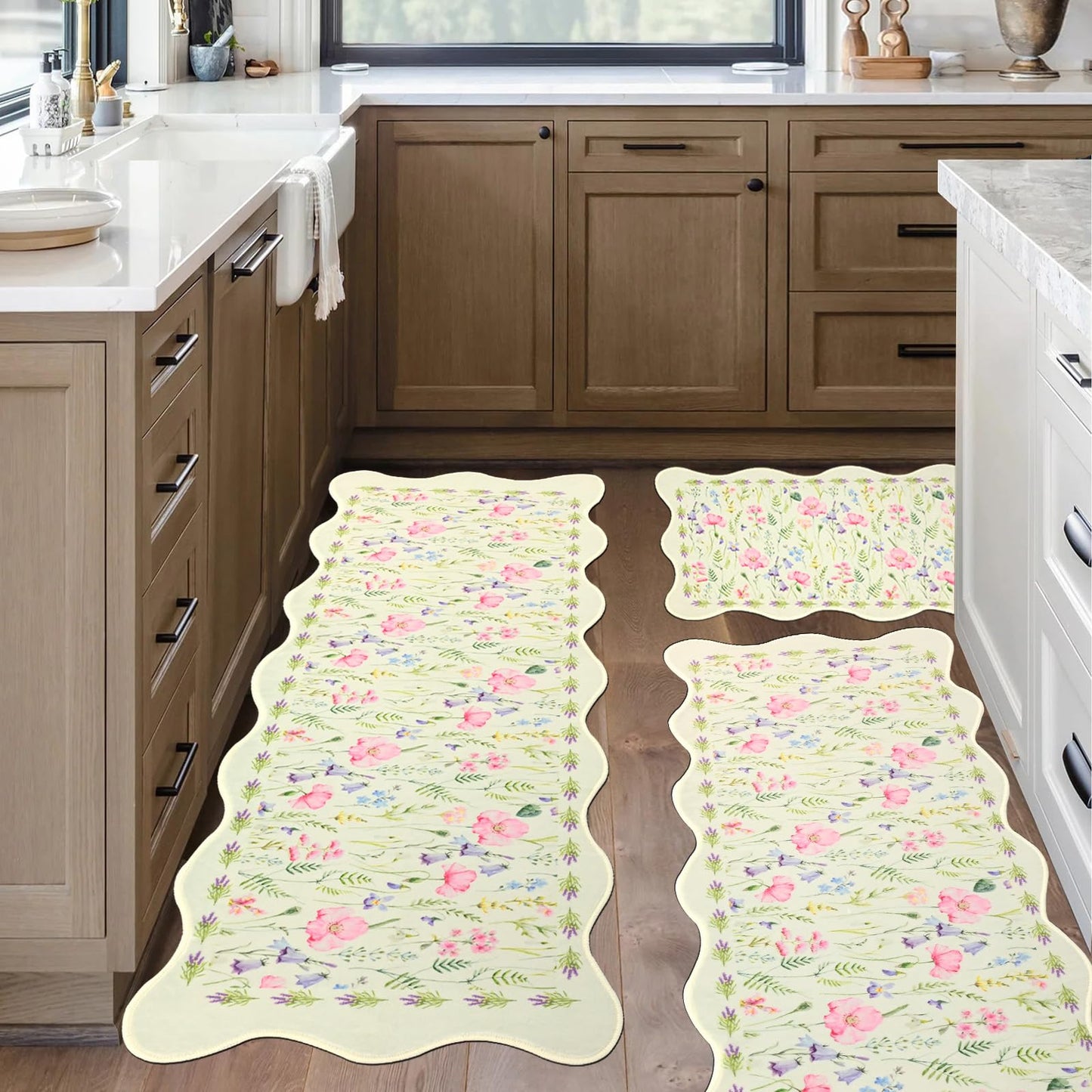 PCSWEET HOME Spring Summer Kitchen Rug Sets 3 Piece Scalloped Green Kitchen Rug Set Non-Slip Washable Comfort Standing Mat for Laundry Room, Bar, Office 20 "x32+20 "x47+20 "x59
