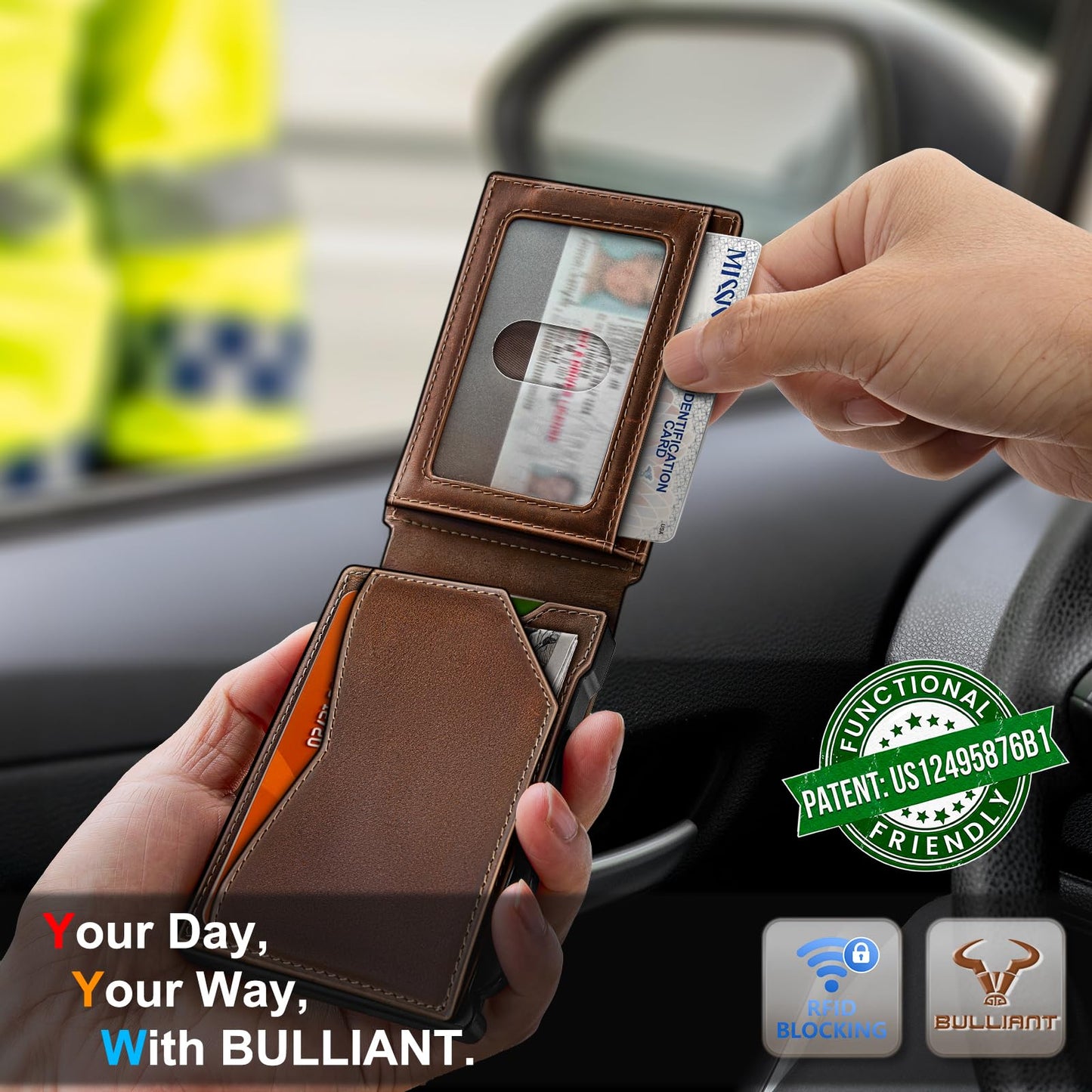 BULLIANT Men Full Grain Leather Wallet, Metal Wallet Money Clip Magnetic Flip 13 Cards Pop-up Access Simplifed Bill Folder
