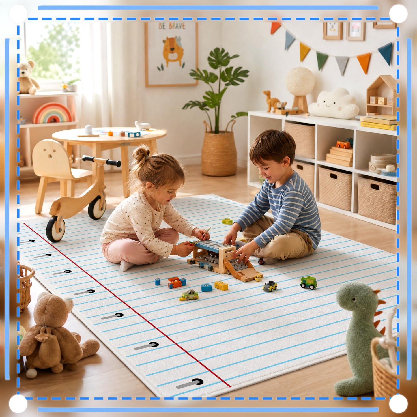 3.3 x 4 ft Calming Corner Kids Rug, Composition Notebook Back-to-School Toddler Carpet for Nursery, Homeschool & Playroom, Educational Soft Fluffy Reading Mat (Lined Notebook)