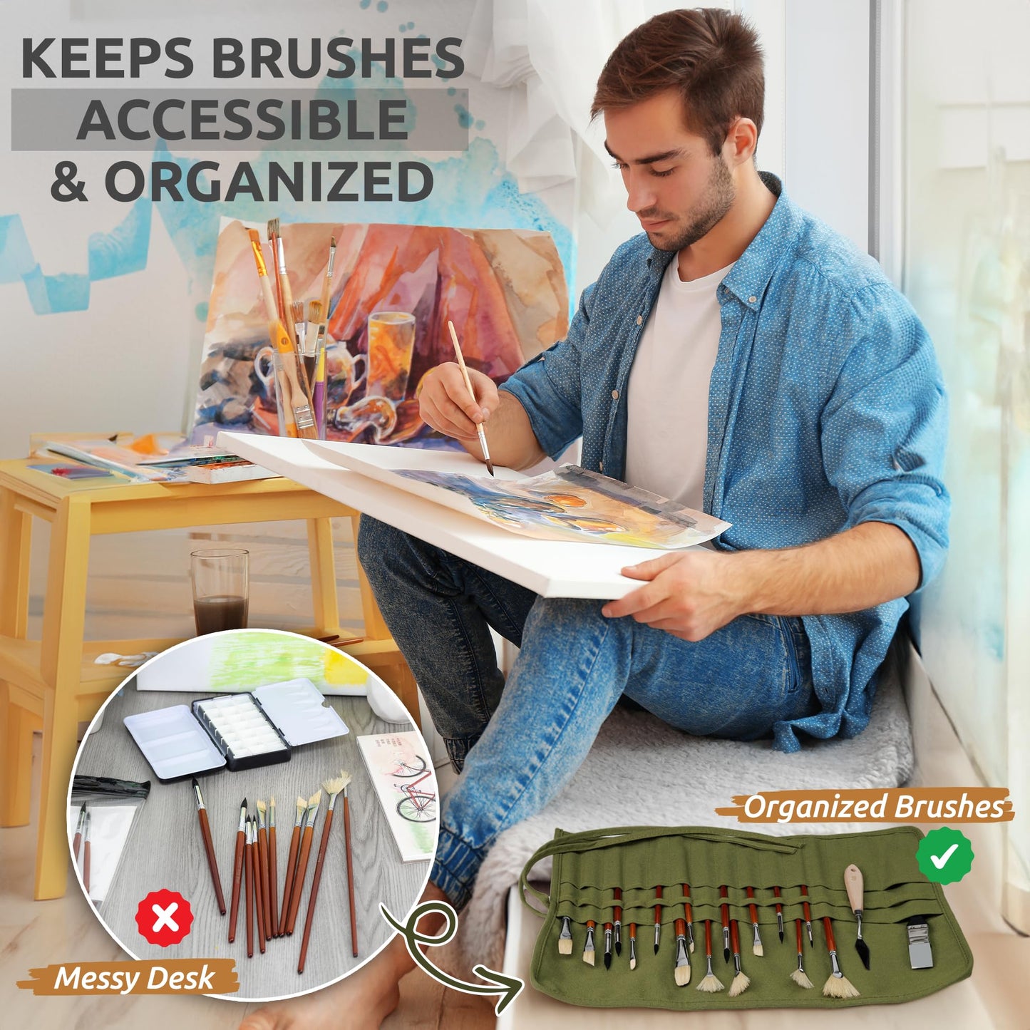 DUGATO 30-Slot Roll-Up Paint Brush Holder, Premium Canvas Brush Organizer for Artists, Washable Travel Brush Case for Watercolor, Acrylic, Pens & Art Supplies (Army Green) - Brushes not Included