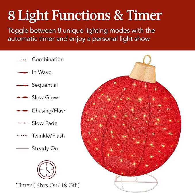Best Choice Products 2pc Lighted Pop-Up Outdoor Christmas Ornament Set, Holiday Ball Decoration w/ 180 LED Lights, 8 Light Functions - Red/Gold