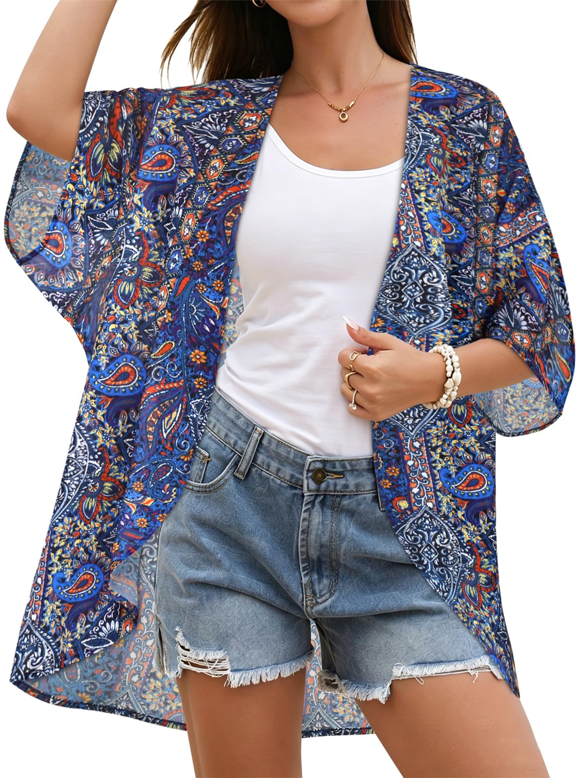 Women's Floral Kimono Print Puff Sleeve Loose Cardigan Cover Up Casual Blouse Tops (Purple Boho, S)