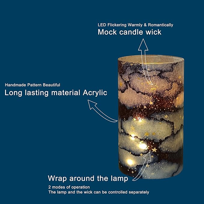 Flickering Flameless Candles Night Sky Stars Print, Embedded Star String Lights, Battery Operated Acrylic LED Pillar Candles with 11-Key Remote and Timer for Home Decoration, 3 Pack