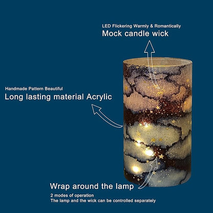 Flickering Flameless Candles Night Sky Stars Print, Embedded Star String Lights, Battery Operated Acrylic LED Pillar Candles with 11-Key Remote and Timer for Home Decoration, 3 Pack