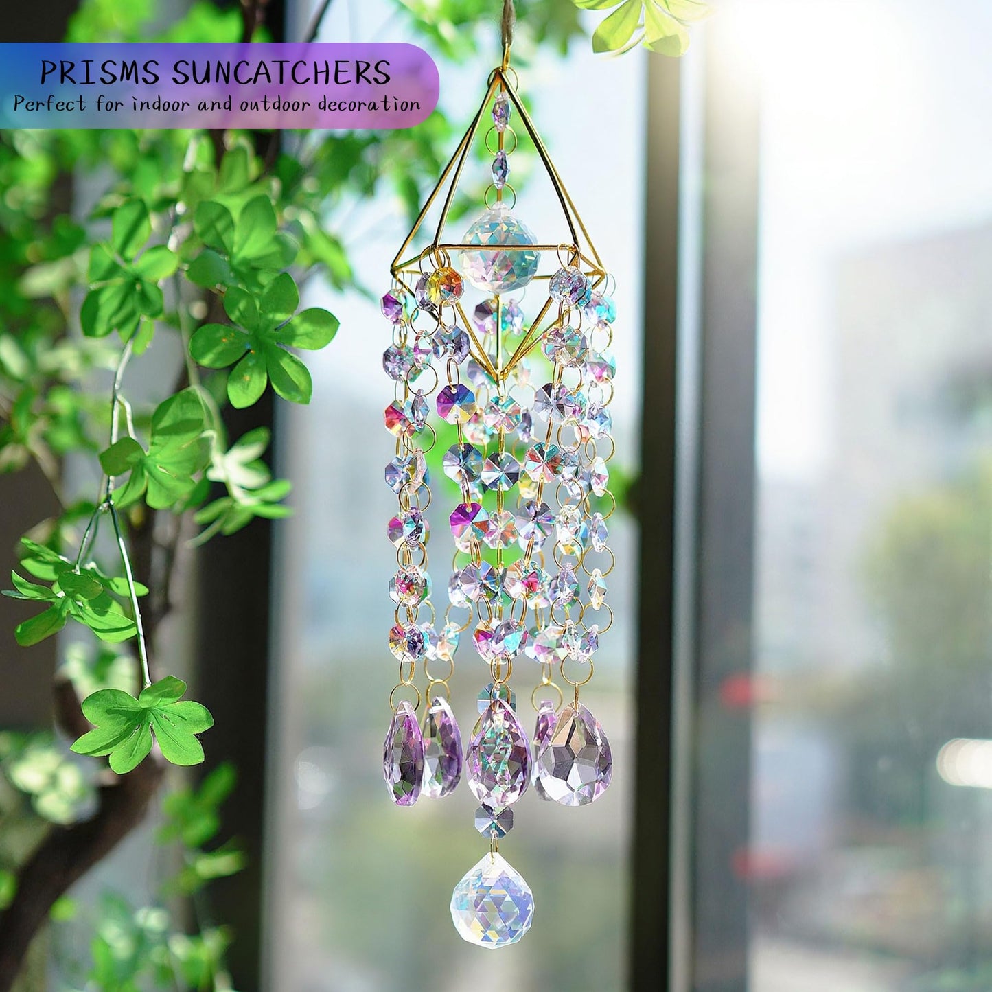 HDCRYSTALGIFTS 21.5inch Crystal Prisms Suncatcher for Window Hanging, Rainbow Maker Crystal Sun Catcher Indoor Window Glass Wind Chimes Home Garden Decor, Purple