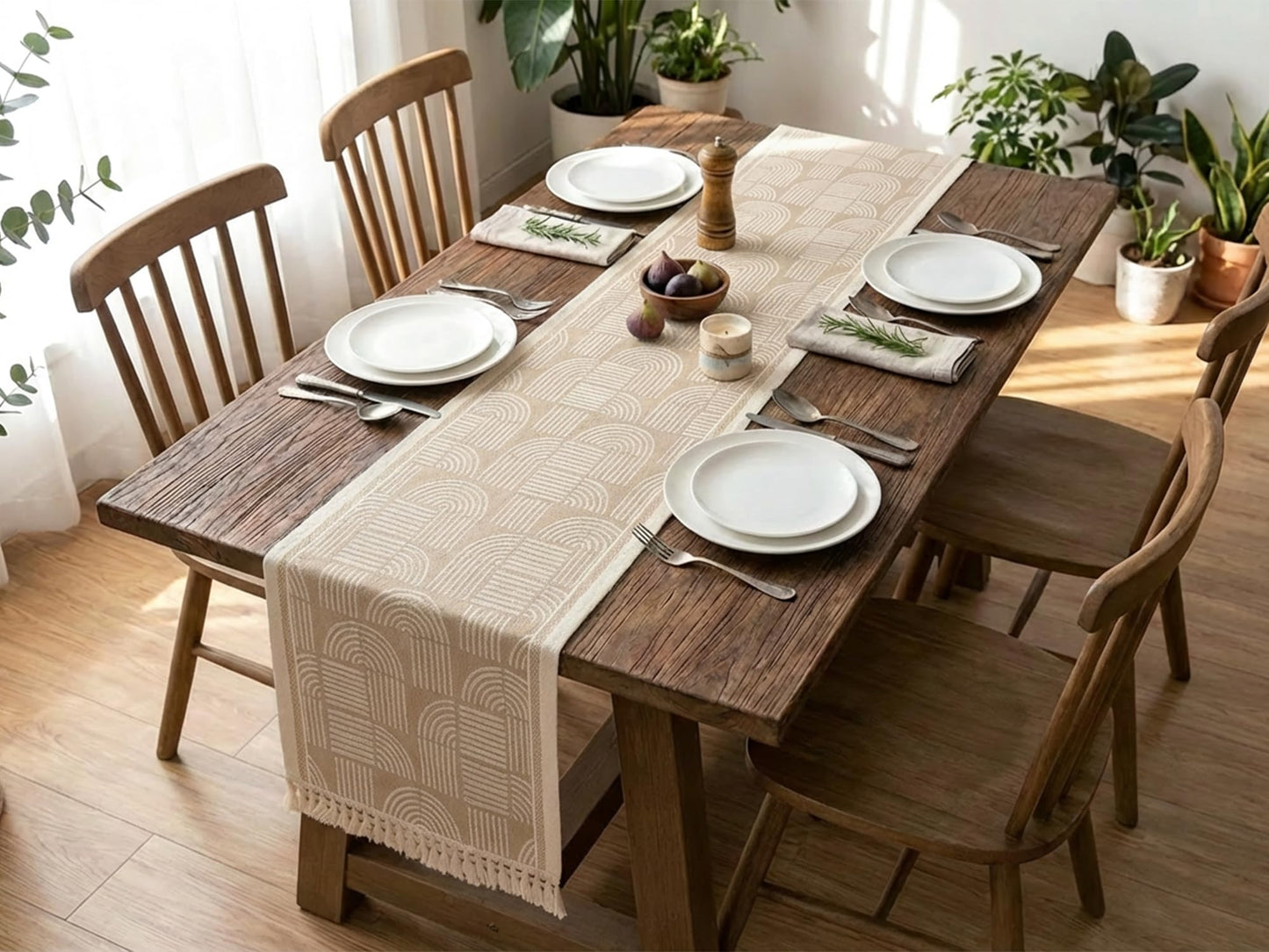 FEXIA Farmhouse Table Runner with Tassels 72 Inch Thick Woven Rustic Table Decoration, Pottery Barn Style Furniture Decor, Burlap Macrame Texture for Living Room Entryway, Beige (13x72 Inch)