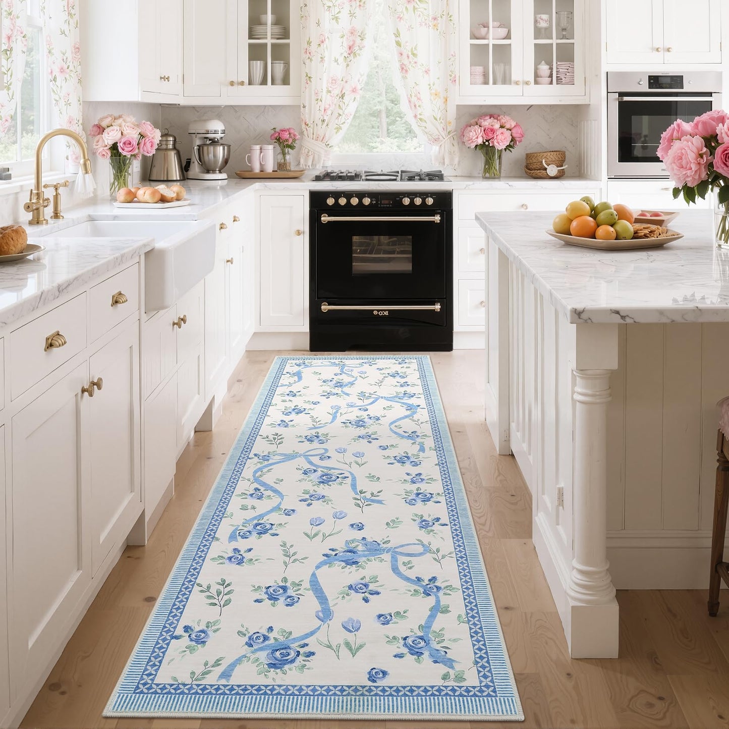 GarveeHome Runners for Hallways Non Slip, 2x6 Kitchen Runner Rug Blue and White Rugs for Bedroom Girls, Low Pile Soft Washable Runner Floral Bow Rug for Nursery Entryway Dorm