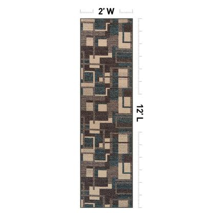 Rugshop Contemporary Geometric Power Loomed Indoor Runner Rug, Cool Slate Abstract Rectangle Design, Non-Slip Backing, Living Room Bedroom Home Office, Easy-Care Spot Clean, 2' x 12' Blue