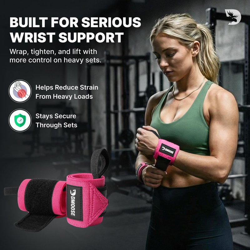 DMoose Wrist Straps for Weightlifting 12 and 18 Inches Thumb Loops with Wrist Support for Workouts Powerlifting Wrist Straps for Weight Lifting Men and Women Pink