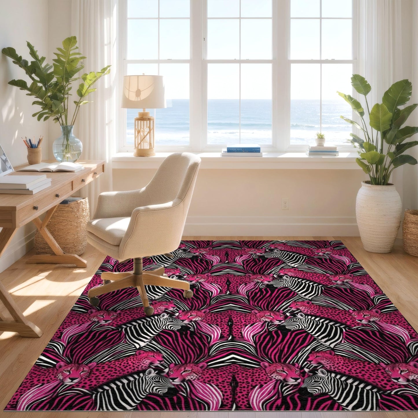 Design&I 5'x7' Washable Area Rug Pink Cheetah Leopard Print Shape Themed Contemporary Zebra Geometric Flatweave & Snag-Free Daily Traffic Ready for Guest Room, Lounge, Apartment