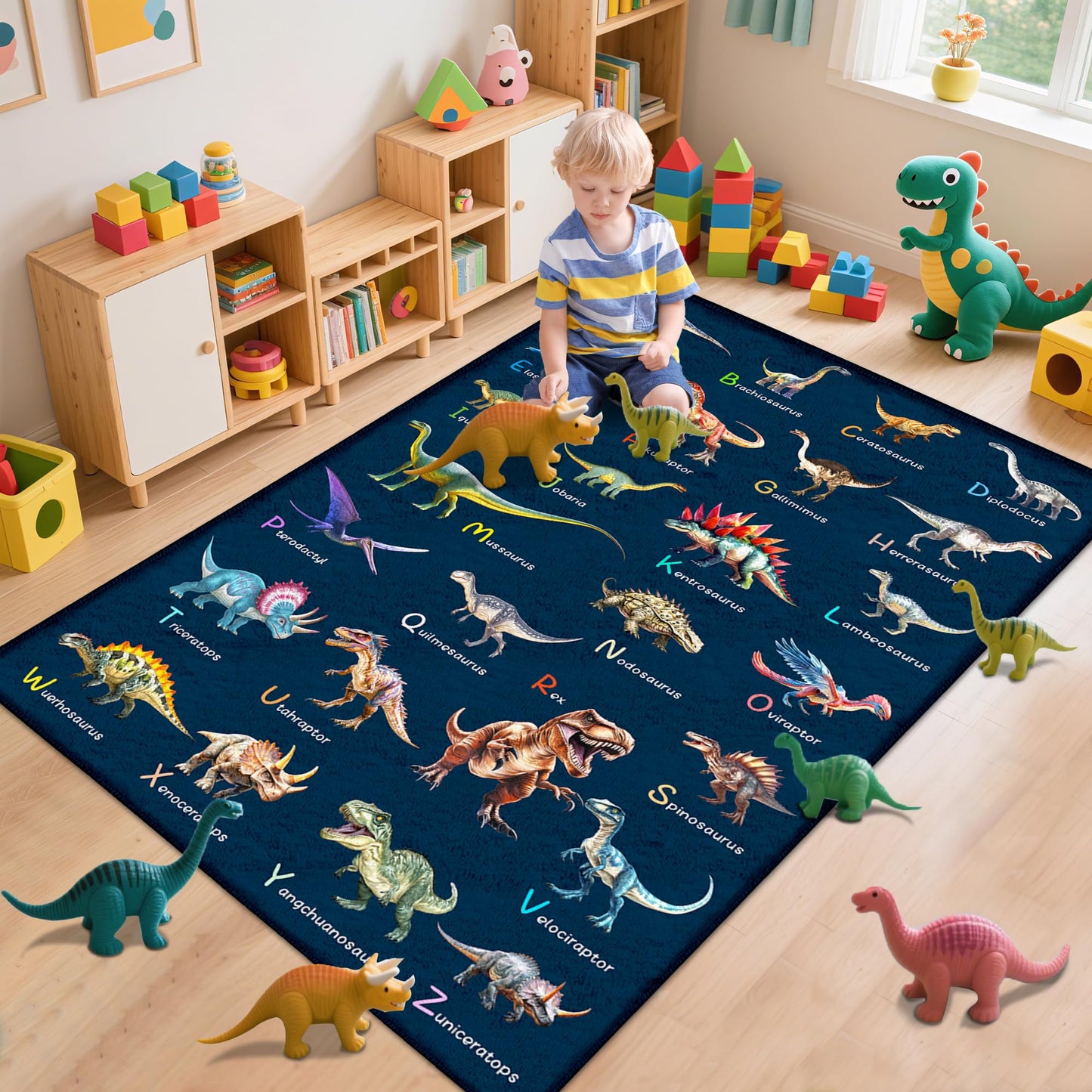Kids Rugs for Playroom，5x7 Feet Educational Rugs for Learn The ABC Alphabet, Dinosaur Rugs for Boys Bedroom, Soft Machine Washable Non-Slip Carpet for Kids Room, Nursery, Classroom