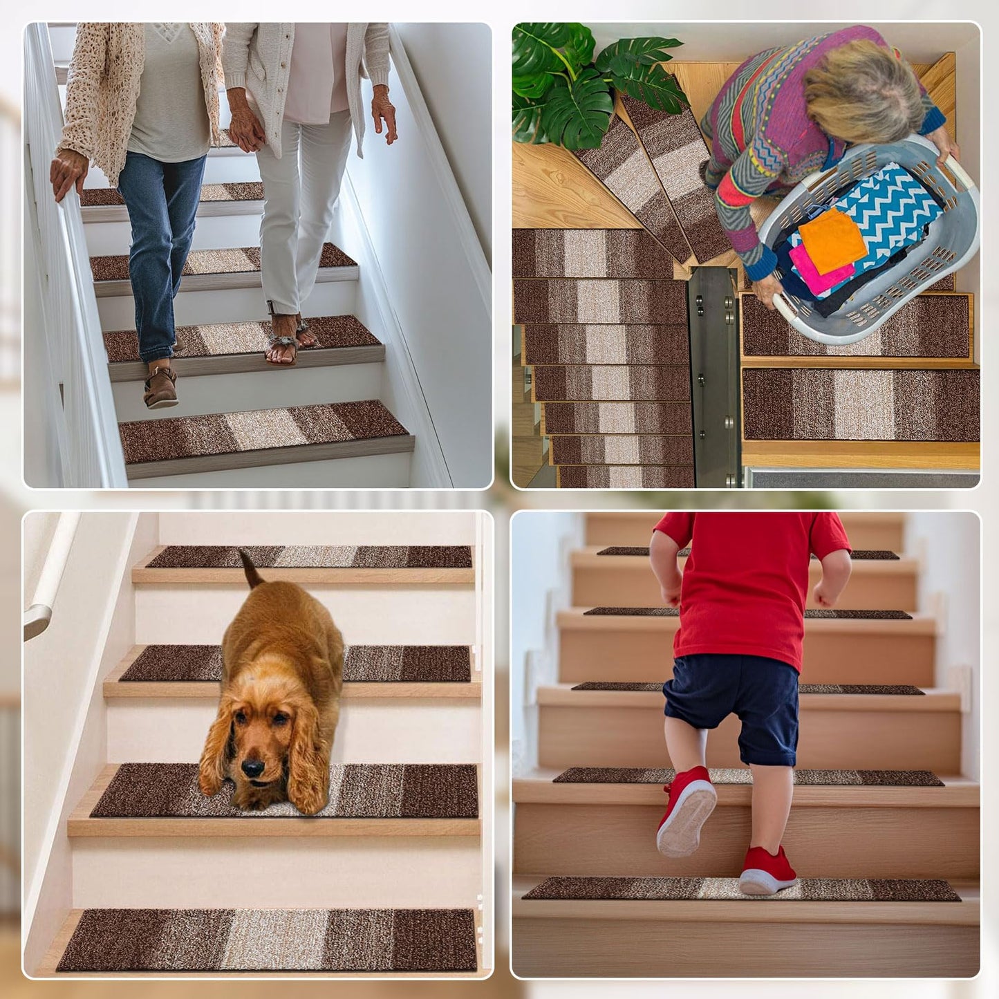 OLANLY Stair Treads Non Slip 4PCS, 8" x 30" Indoor Stair Runners for Wooden Steps, Edging Stair Rugs with Reusable Peel and Stick Adhesive for Kids Elders and Pets, Brown