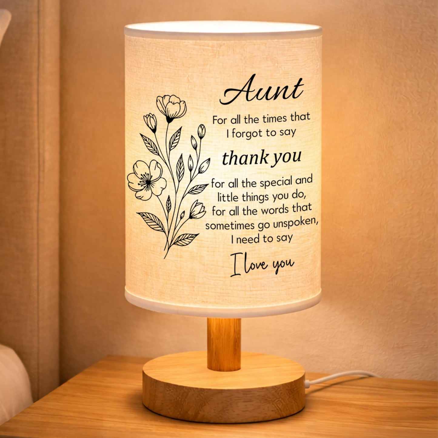 YVKC Aunt Lamp Gifts from Niece, Fabric Bedside Table Lamp with Wooden Stand, Birthday Mothers Day Gifts from Nephew, Desk Lamp Home Decor (Aunt, 1)