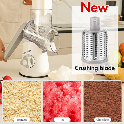 Ourokhome Rotary Cheese Grater Hand Crank, Kitchen Shredder Speed Mandolin Slicer Ice Shaver with Handle and Drum Blades for Cheese, Vegetable, Nuts, Chocolate, Potato, Carrot, 5 Blades, White