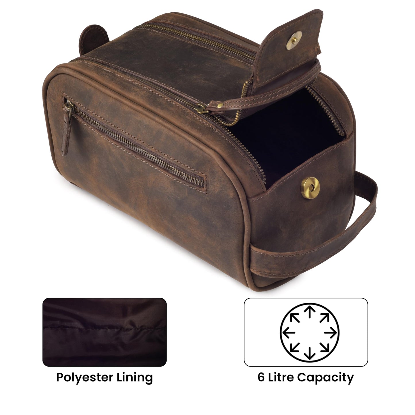 mds Genuine Leather Toiletry Bag for Men - Rustic Classic Vintage Handcrafted Full-Grain Leather Travel Dopp Kit with Waterproof Lining & Handle, Shaving & Grooming Kit Organizer Pouch - Rustic Brown