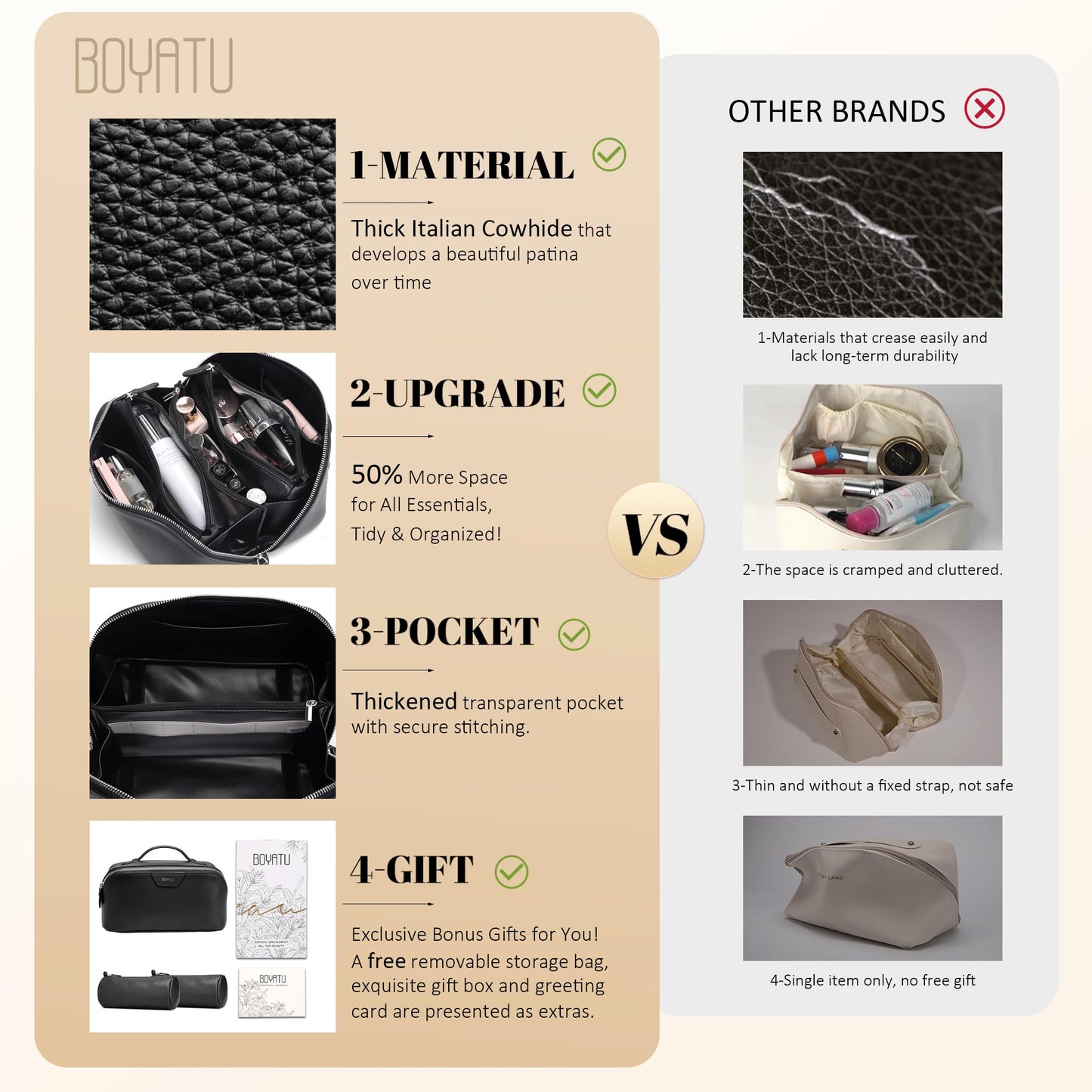 BOYATU Genuine Leather Travel Makeup Bag: Large Capacity 3 Pcs Set Cosmetic Bags for Women - Designer Waterproof Hand-made for Toiletry Organizer - Ladies Travel Essentials for Elegance (02Black)