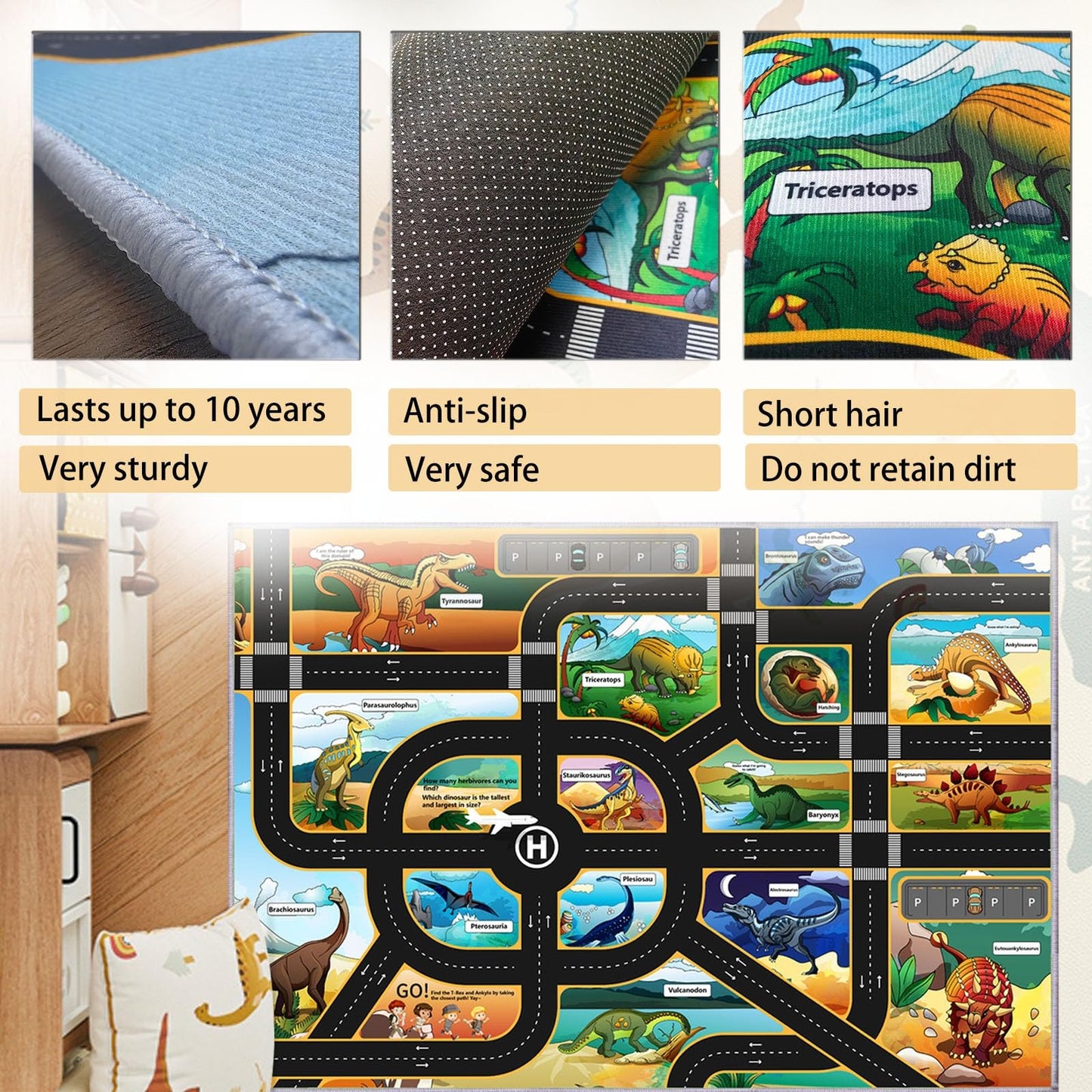 CLAILEIRS Cartoon Dinosaur Rug, Washable Dinosaur Mat with Road, Dino Play Mat Carpet for Boys Bedroom, Playroom (47"×71")