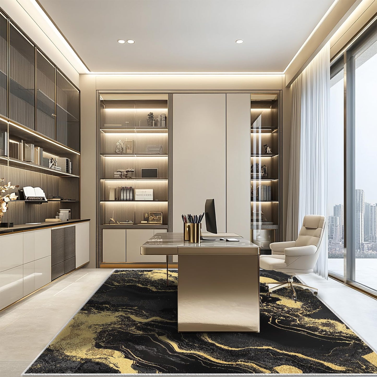 8x10 Area Rug Black and Gold Modern Large Rug for Living Room Indoor Machine Washable Abstract Rugs for Bedroom Ultra Soft Dining Room Carpet Non-Slip Non-Shedding Throw Rug for Home Office