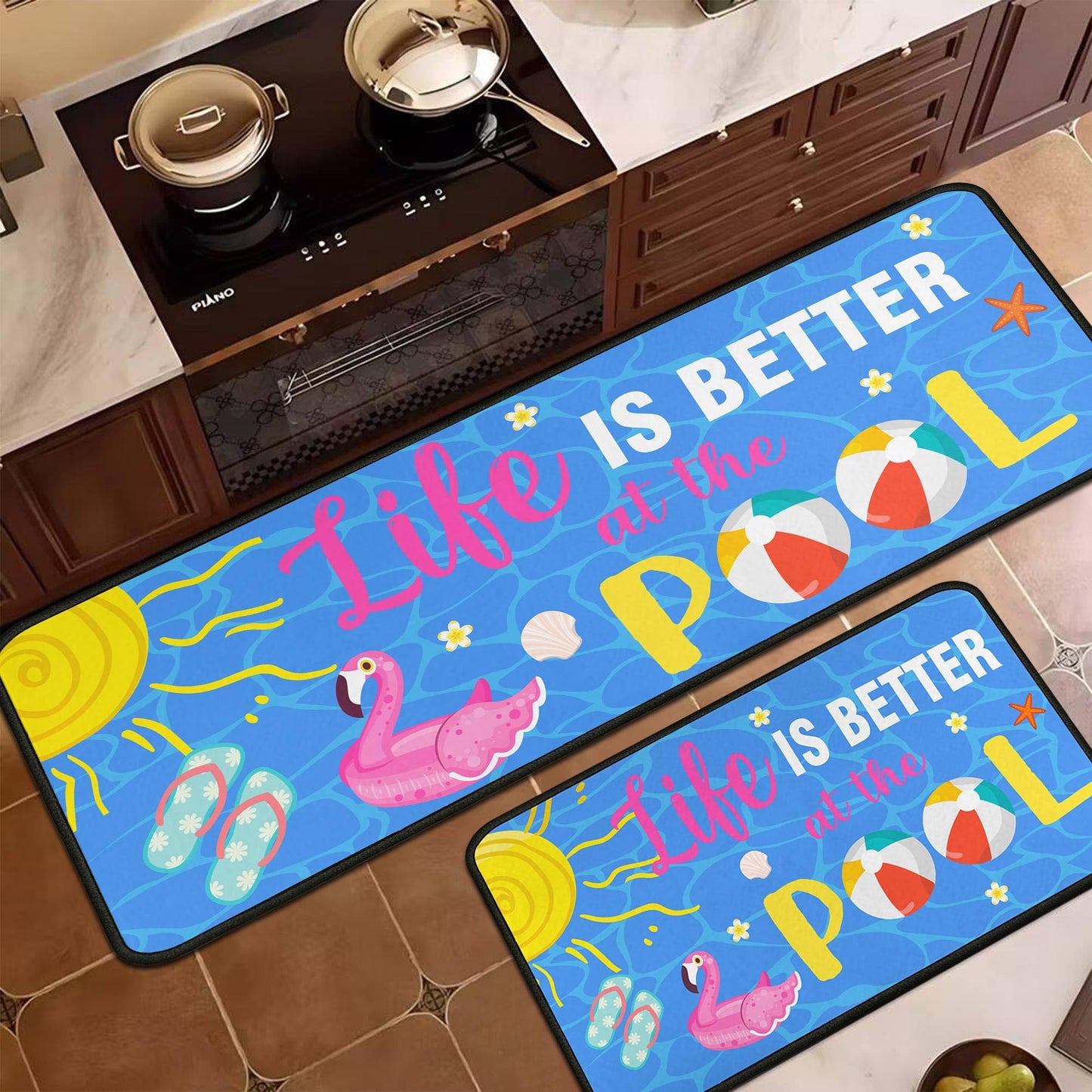 flippana Summer Kitchen Rugs and Mats for Floor, Summer Decorations for Home, 2 Pcs Non-Slip Backing Life is Better at The Pool Mat Rug Sets with Runner 17"x47.2"+17"x30"