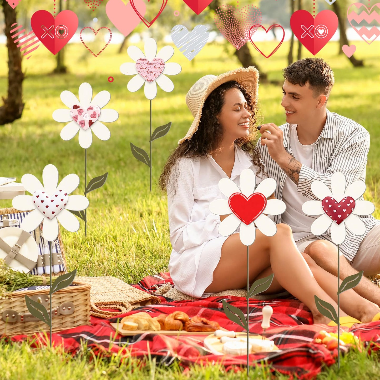 Nuanchu 5 Pcs 27.4" Metal Spring Flower Yard Signs Heart Yard Sign Stake Waterproof Floral Heart Lawn Signs Spring Outdoor Decorations for Mother's Day Outside Garden Patio Pathway Home Decor