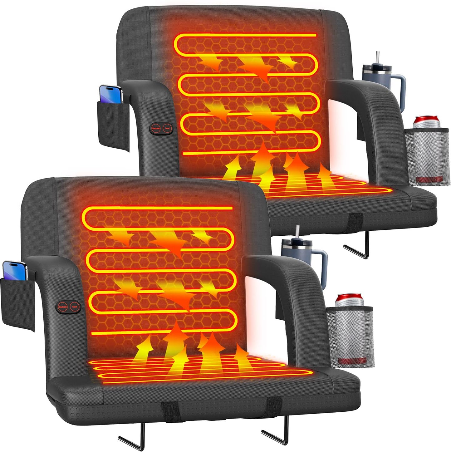 Suteck 2 pcs Dual-Sided Heated Stadium Seats for Bleachers with Back Support, 25" Portable Heated Bleacher Seat with Backrest, 3 Heat Levels, 5 Pockets – Ideal for Outdoor Stadiums and Events - Black