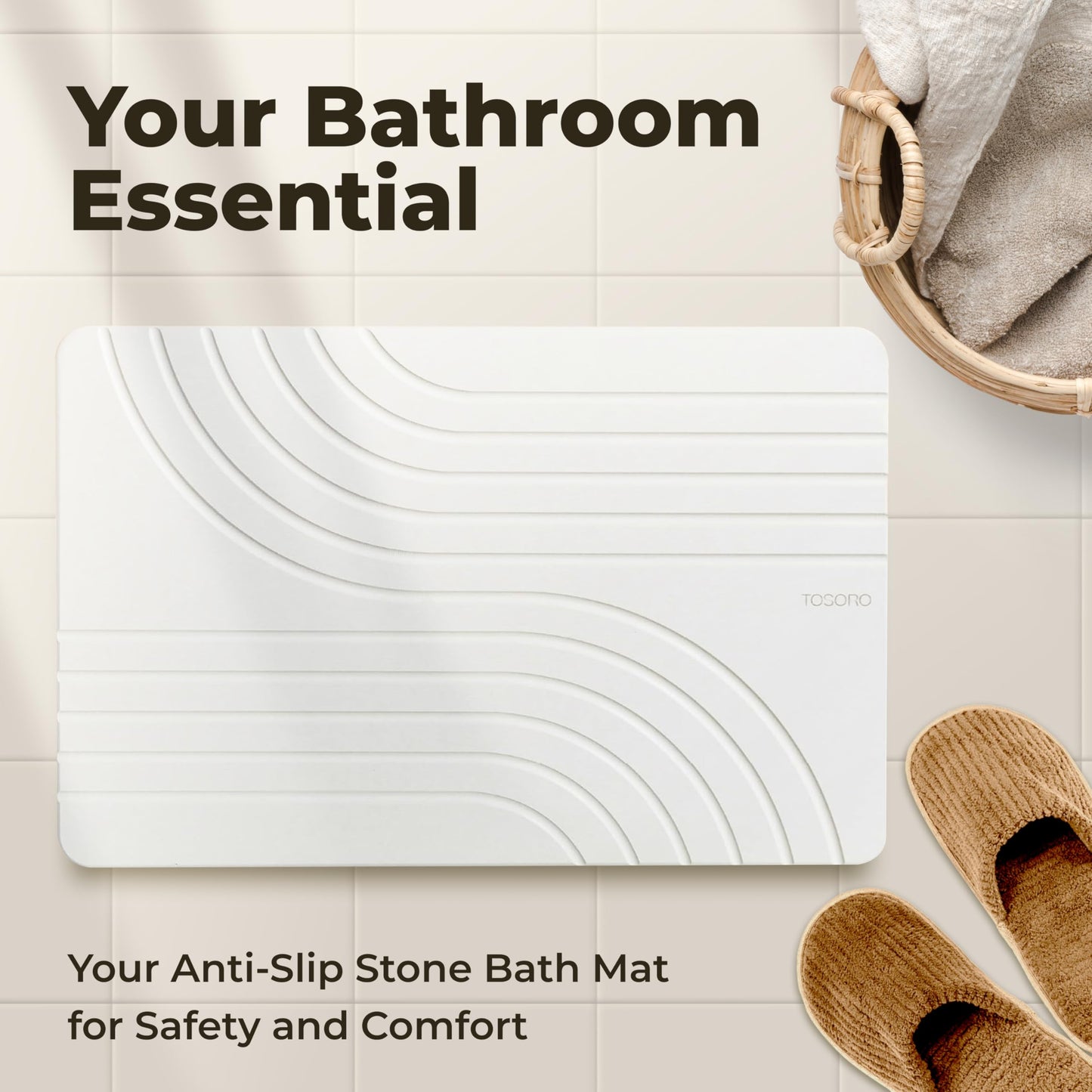 TOSORO - Stone Bath Mat Diatomaceous Earth Shower Mat Non-Slip Super Absorbent Diatomite Stone Bath Mats for Bathroom Floor Quick Drying Natural Easy to Clean (23.5 x 15) - Sandstone