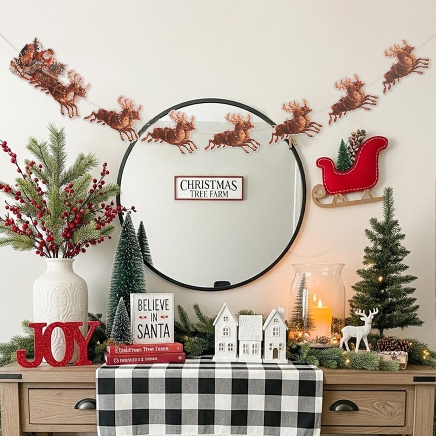 Santa Sleigh And Reindeer Christmas Banner - Christmas Party Santa Decorations,Holiday Reindeer Party Garland, Holiday Mantle Decorations (banner-2)