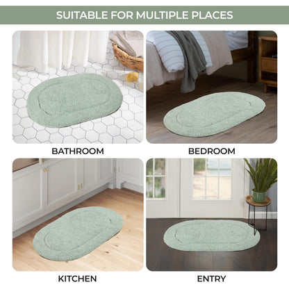 Superior Non-Slip 2 Piece Bath Rug Set, Ultra Plush, Soft and Absorbent 100% Combed Cotton Pile - Traditional Oval Bath Mat Set, Sage
