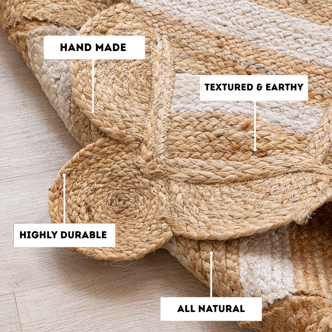 HOMEMONDE Scalloped Jute Rug 8x10 ft - Boho Rustic Vintage Farmhouse Style Eco-Friendly Jute Fiber Area Rug Hand Braided for Living Room, Bedroom, Dining Room