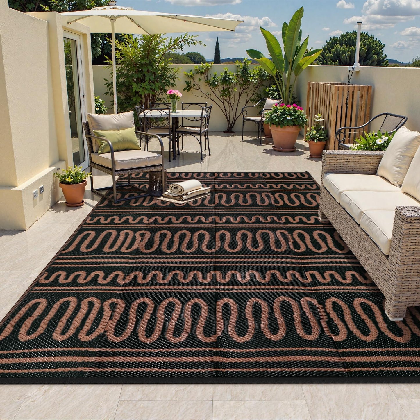 Beeiva Outdoor Rug 8x10 Waterproof for Patio, Reversible Plastic Straw Rug for Deck, Backyard, RV Camping, Black Brown