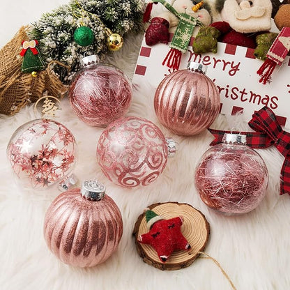 XmasExp 4ct Christmas Ball Ornaments Set -Large Clear Plastic Shatterproof Xmas Tree Ball Hanging Baubles Stuffed Delicate Glittering for Holiday Wedding Xmas Party Decoration (100mm/3.94",Rose Gold)