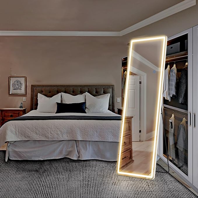 OLIXIS 16"x 60" LED Full Length Mirror with Lights, Standing Lighted Floor Full Body Mirror with 3 Color Lighting, Wall Mounted Mirrors for Bedroom, Home, Entryway with Tempered Glass