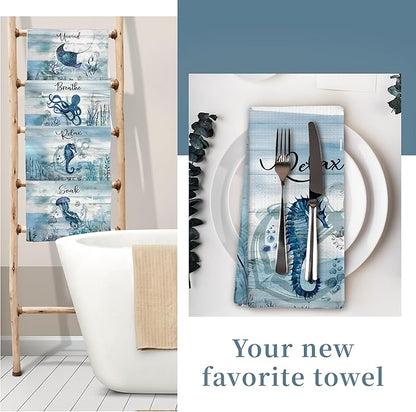 Nautical Hand Towels, Coastal Beach Bathroom Decor, Manta Ray Octopus Jellyfish