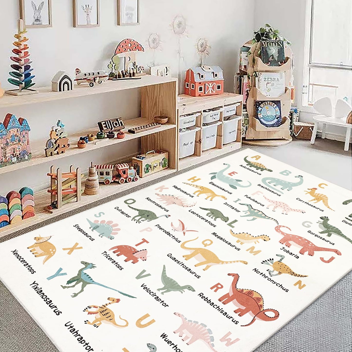 Abeigoi Dinosaur Area Rug - 4x6Ft Large, Soft, Washable, Non-Slip, ABC Animal Alphabet Playroom Carpet Mat for Kids, Bedroom, Nursery, Educational Decor