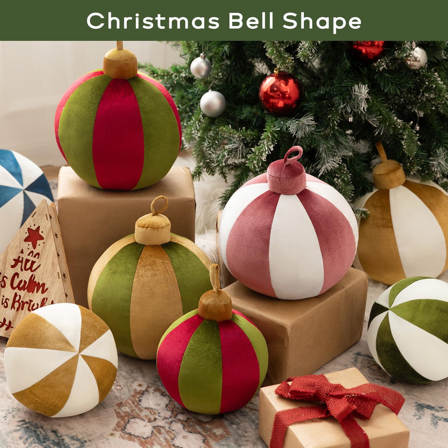 Ashler Merry Christmas Bell-Shaped Pillow, 11x11 Inch Velvet Hangable Decorative Holiday Pillow for Xmas Tree, Couch, Living Room, Bed, Red