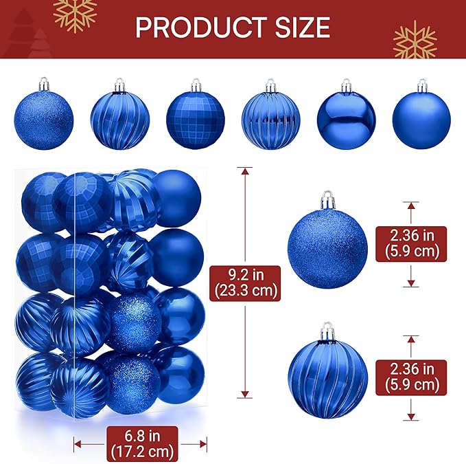 JOIEDOMI 24 Pcs Blue Christmas Balls Ornaments Set, 2.36" Shatterproof Xmas Tree Ornaments, Christmas Hanging Ornaments Decorations for Tree Wreath Garland Holiday Wedding Indoor Party Decor