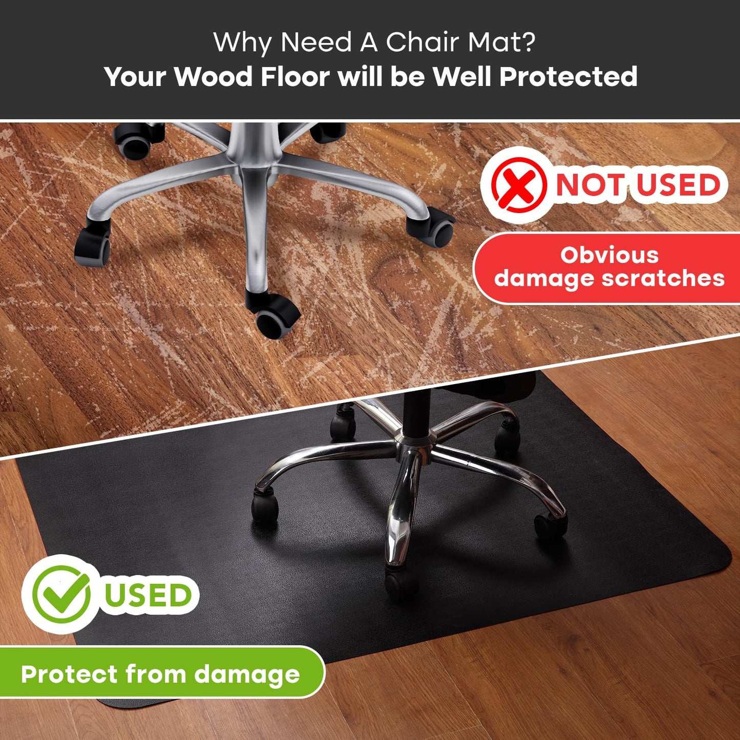 Office Chair Mat for Hardwood Floor: 63" x 51" Extra Large Black Office Chair Mats, Anti-Slip Rubber Floor Mat for Gaming Rolling Chair, Heavy Duty Sturdy Floor Protector Mat Under L Computer Desk
