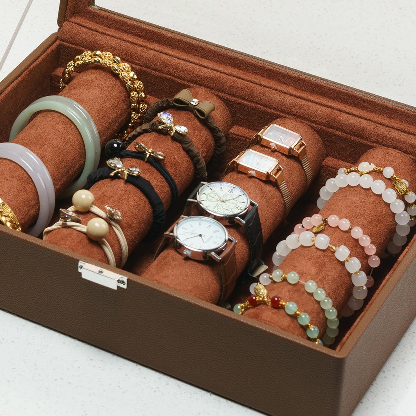 XHMQYC Bracelets Organizer Rods Bangles Display Holder, Clear See through Lid Leather Velvet Jewelry Storage Box Case for Women, 4 Rods Brown Leather