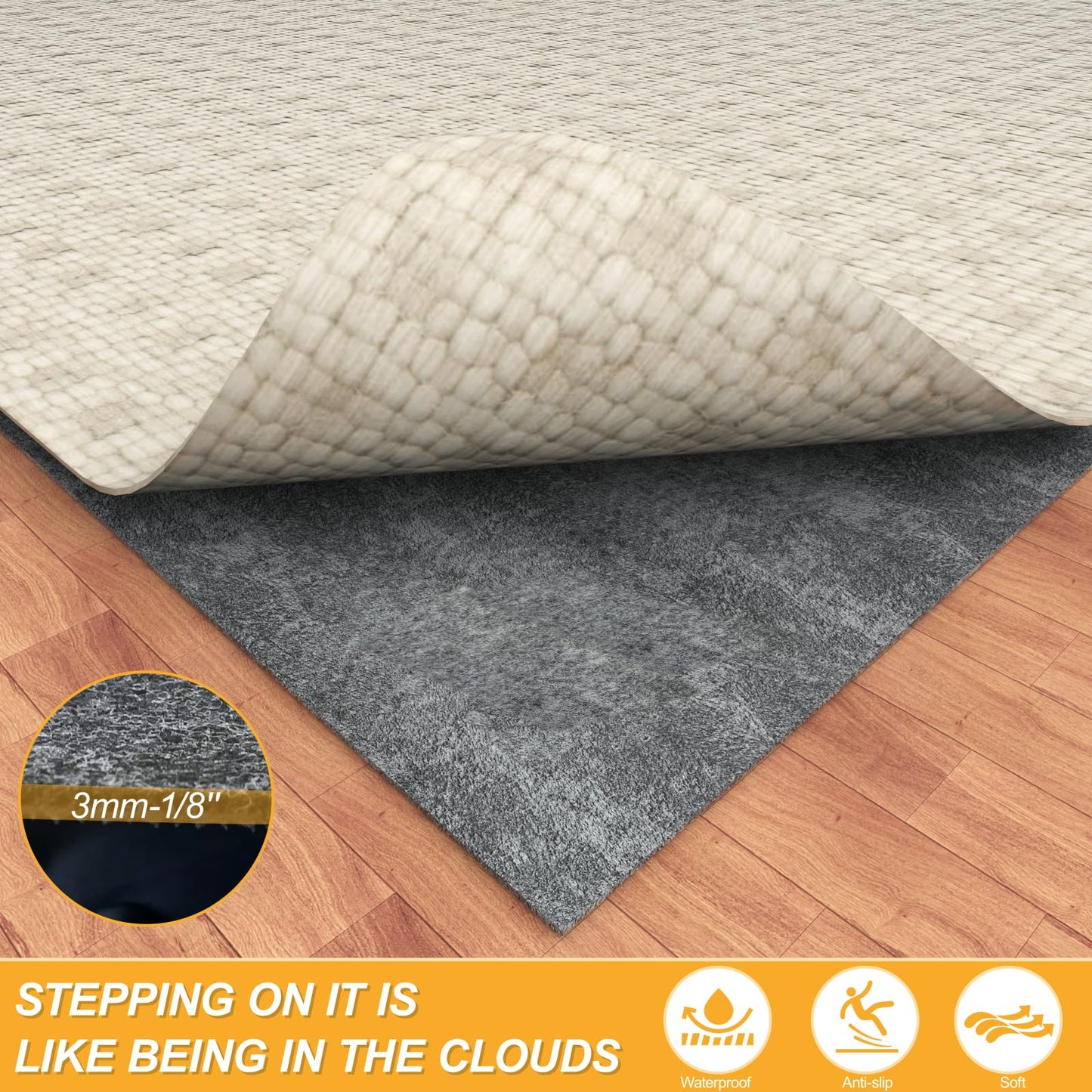 Non Slip Felt Rubber Rug Pad, Thick Felt Rug Pads for Hardwood Floors, Under Area Rugs Protective Cushion Pads for Carpet, Felt and Rubber Underpad for Home Place Surface Safe (Grey, 3' x 10')